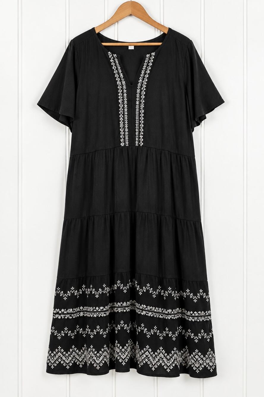 Draper James RSVP Dress XXL Black Geo Embroidered Tiered Midi Pockets Lined
